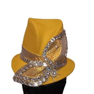 Vtg Made U.S.A. made George Yellow Embelished Fedora Hat with Rhinestone Bow